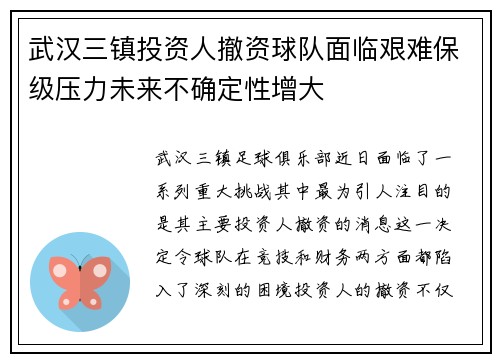 武汉三镇投资人撤资球队面临艰难保级压力未来不确定性增大