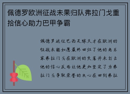佩德罗欧洲征战未果归队弗拉门戈重拾信心助力巴甲争霸